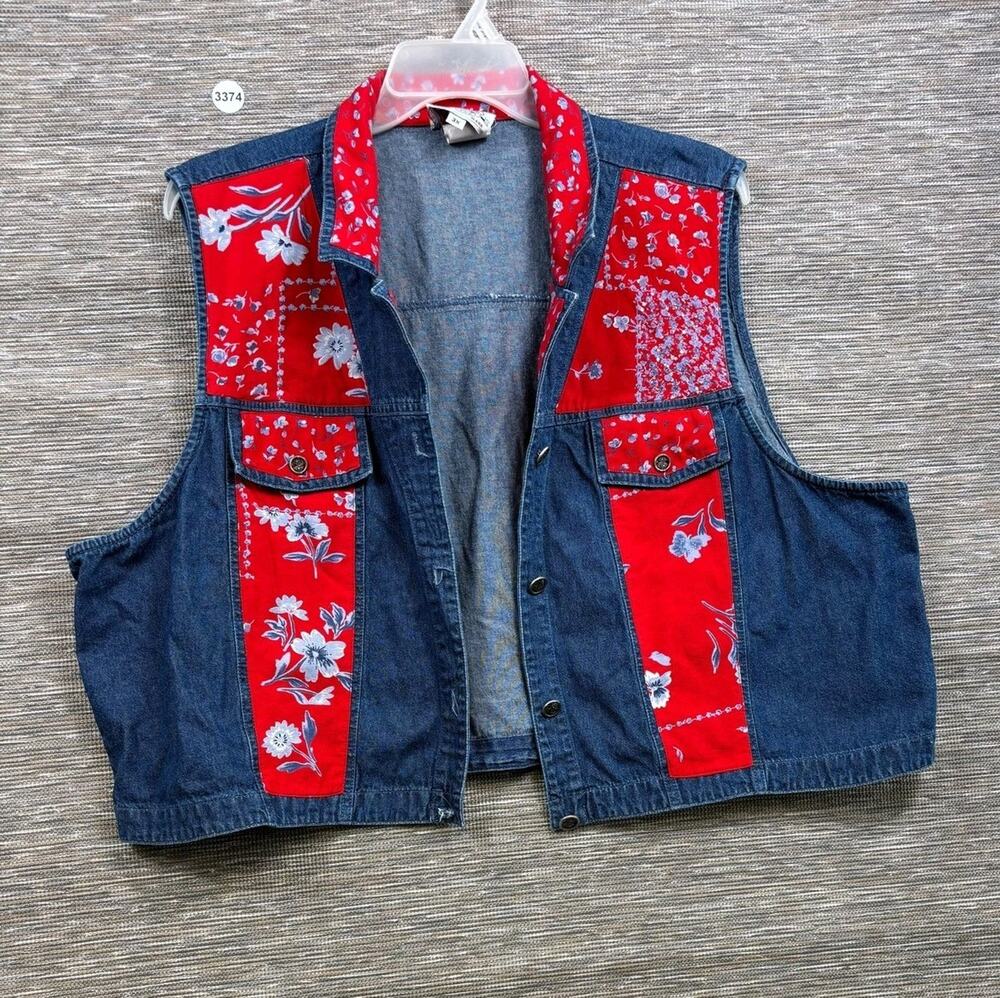 River Ridge Vest Womens 3X Blue Denim Floral Bandana Snap Front Western Collared